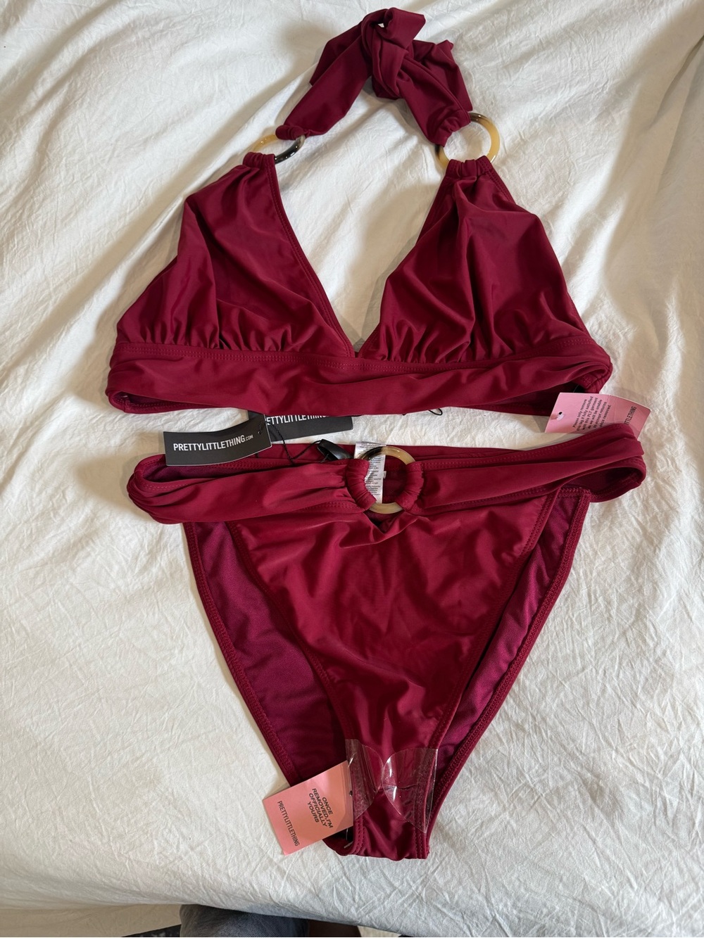 PrettyLittleThing Burgundy Ring-Detail Triangle Bikini
